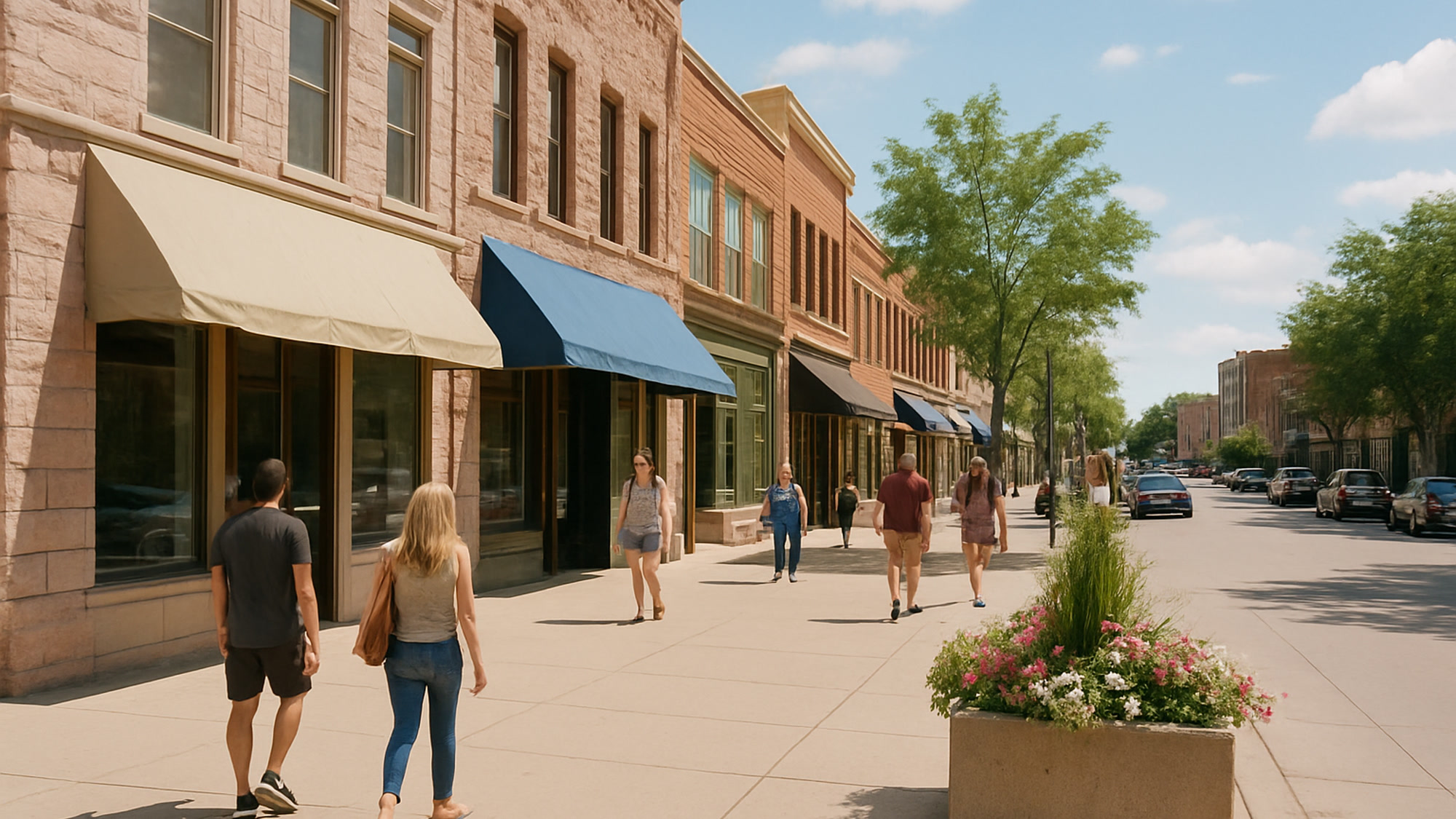 Downtown Sioux Falls on a sunny afternoon, quartzite and brick storefronts along a wide sidewalk.