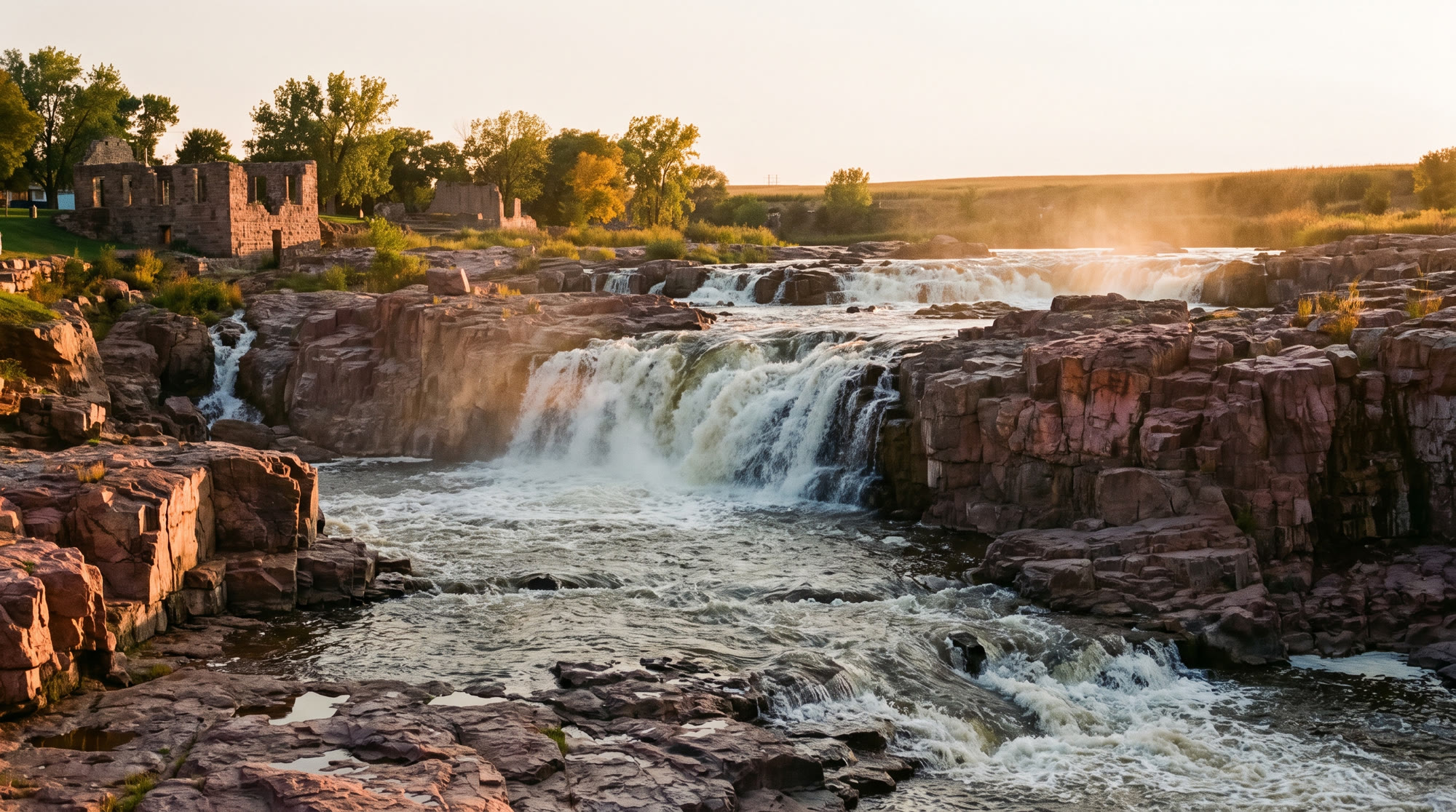 The Big Sioux River falling over pink quartzite ledges at Falls Park in Sioux Falls, lit by low golden-hour sun.